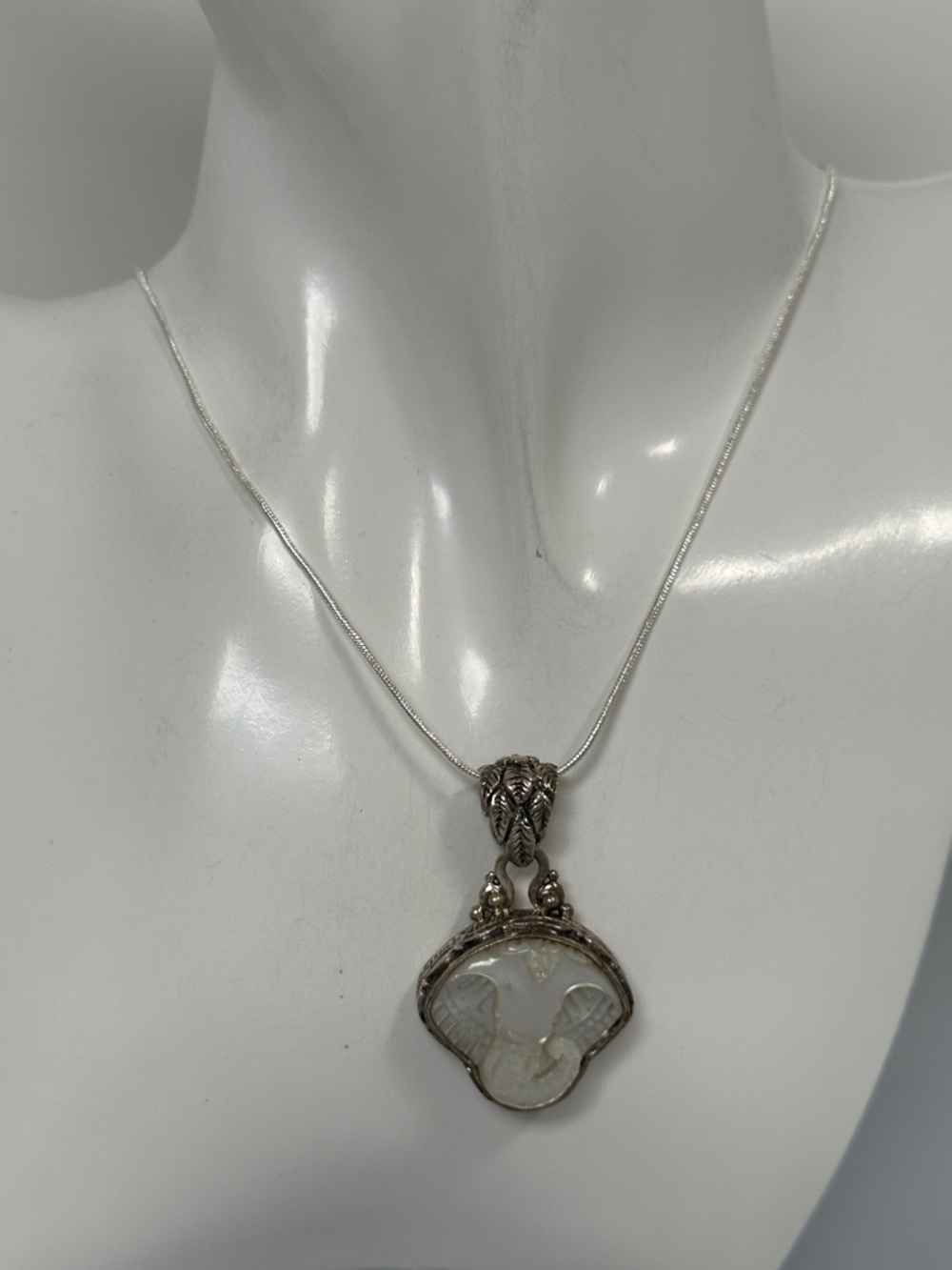 SARDA 925 Sterling Silver White Carved Pendant Necklace